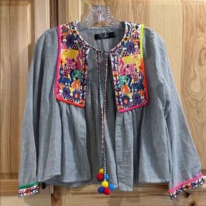 Paper Heart Black White Striped Colorful Embroidered Boho Women’s Tie Top Sz M